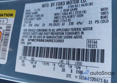 2022 Ford Bronco Sport Big Bend z USA, uszkodzony, nr VIN 3FMCR9B63NRE33503